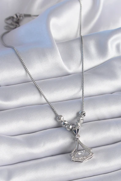 316L Çelik Zincir Gümüş Renk Gingko Yaprağı Model Zirkon Taş Detay Kadın Kolye - Resim 2