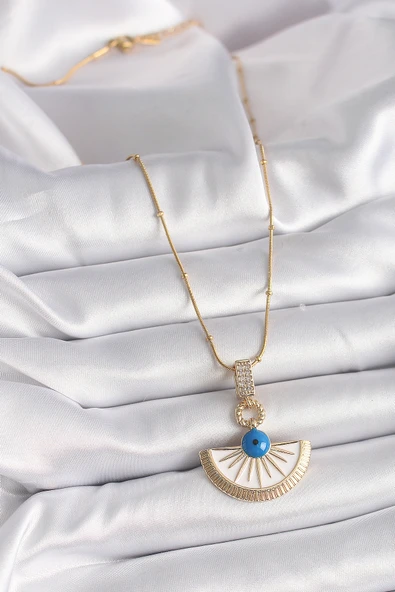 316L Çelik Gold Renk Zincir Zirkon Taş Detaylı Nazar Boncuk Göz Model Kadın Kolye - Resim 2