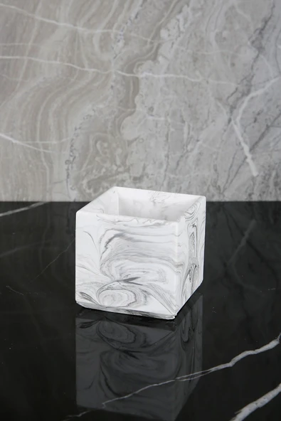 7 Parça Mermer Desenli Beton Banyo Seti Sıvı Sabunluk Diş Fırçalık Pamukluk Mumluk Tepsi Saksı - Resim 3