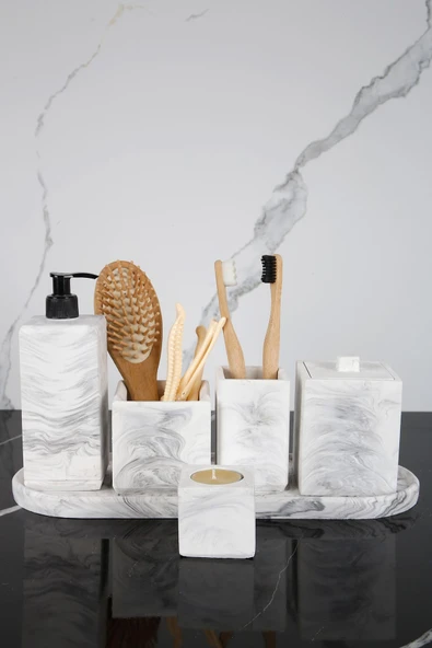 7 Parça Mermer Desenli Beton Banyo Seti Sıvı Sabunluk Diş Fırçalık Pamukluk Mumluk Tepsi Saksı ürün görseli 1
