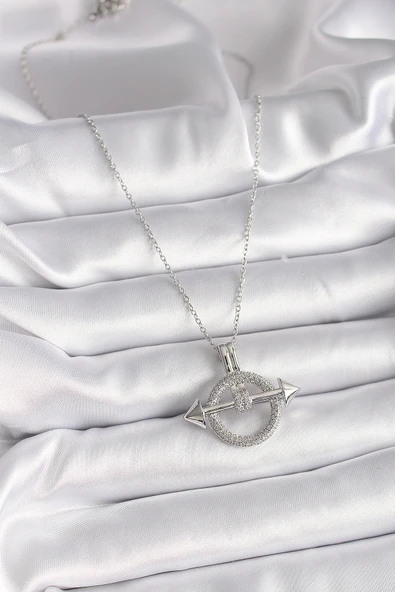 316L Çelik Gümüş Renk Zincir Zirkon Taşlı Halka Model Kadın Kolye - Resim 2