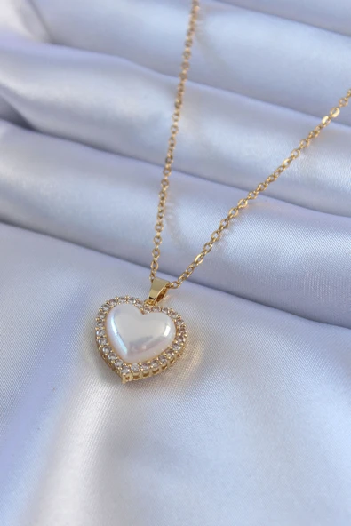 316L Çelik Gold Renk İncili Kalp Model Zirkon Taşlı Kadın Kolye ürün görseli