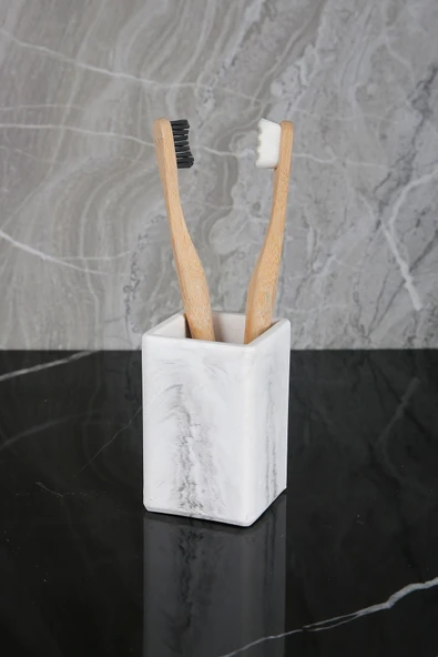 7 Parça Mermer Desenli Beton Banyo Seti Sıvı Sabunluk Diş Fırçalık Pamukluk Mumluk Tepsi Saksı - Resim 4