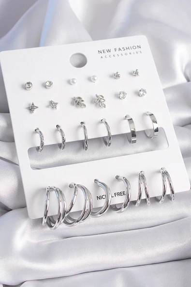 Pirinç Gümüş Renk Zirkon Taşlı 12 Çift Küpe Seti ürün görseli