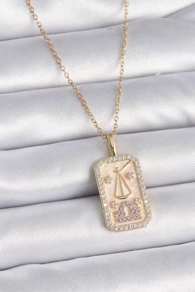 316L Çelik Gold Renk Zincir Terazi Burcu Zirkon Taşlı Kadın Kolye ürün görseli