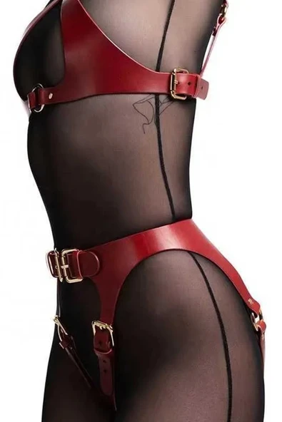 Özel Bölgesi Açık Fantezi Deri Harness Takım - Kırmızı - 3