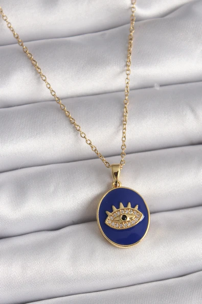 316L Çelik Gold Renk Zincir Mavi Mineli Zirkon Taşlı Göz İşleme Kadın Kolye ürün görseli