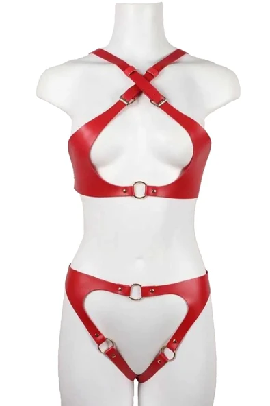 Özel Bölgesi Açık Fantezi Deri Harness Takım - Kırmızı - 5
