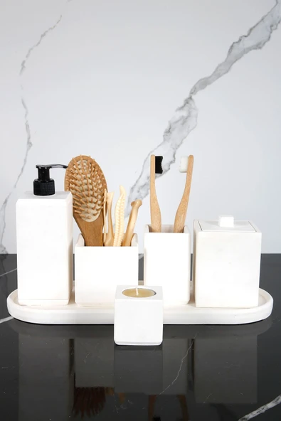 7 Parça Mermer Desenli Beton Banyo Seti Sıvı Sabunluk Diş Fırçalık Pamukluk Mumluk Tepsi Saksı ürün görseli 1