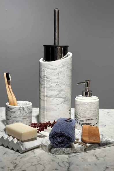 6 Parça Mermer Desenli Beton Banyo Seti Katı Sıvı Sabunluk Diş Fırçalık Tuvalet Fırçası Tepsi - 3