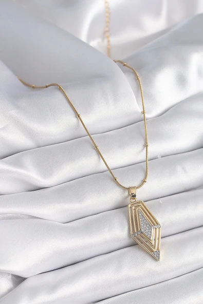 316L Çelik Gold Renk Zirkon Taşlı Vintage Model Kadın Kolye - 2