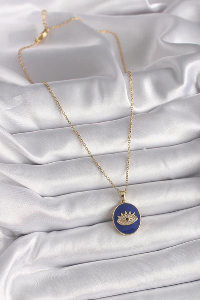 316L Çelik Gold Renk Zincir Mavi Mineli Zirkon Taşlı Göz İşleme Kadın Kolye - Resim 2