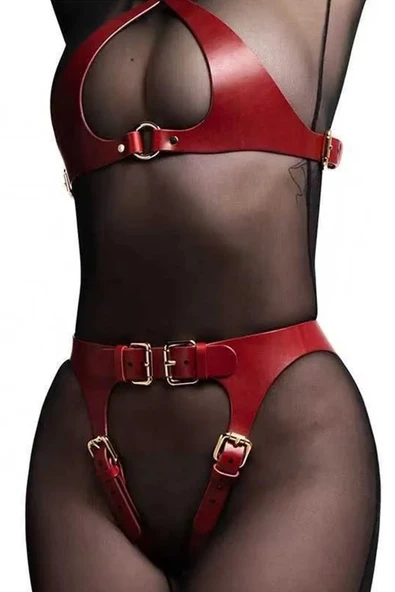 Özel Bölgesi Açık Fantezi Deri Harness Takım - Kırmızı - 2