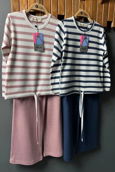 Yeni Sezon Çizgili Boru Paça Kız Çocuk Pembe Renk Takım - 4