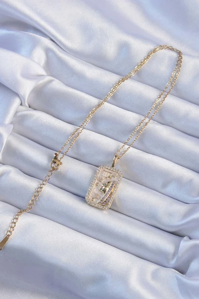 316L Çelik Zincir Altın Renk Zirkon Taşlı Yüz Figürlü Tarot Kolye - Resim 2