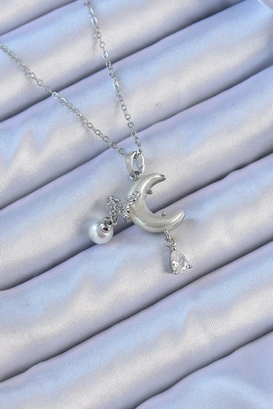 316L Çelik Zincir Gümüş Renk Zirkon Taşlı Kelebekli Mineli Ay Kolye ürün görseli