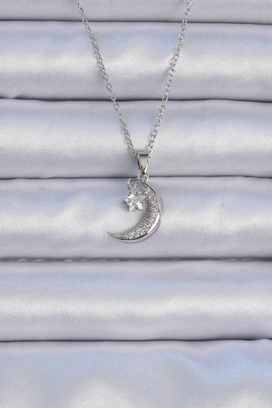 316L Çelik Zincir Gümüş Renk Zirkon Taşlı Sallantılı Ay Yıldız Kolye ürün görseli