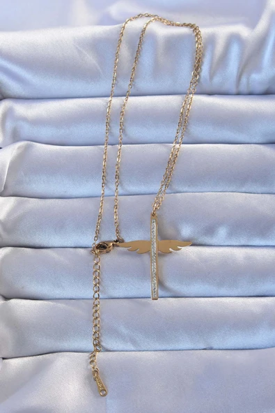 316L Çelik Altın Renk Zirkon Taşlı Mikail Kolye - Resim 2