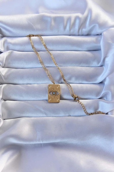 316L Altın Renk İşlemeli Nazarlı Vintage Kolye - Resim 2