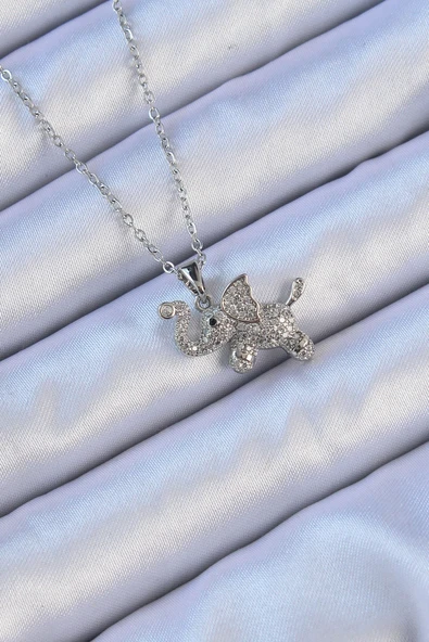 316L Çelik Zincir Gümüş Renk Zirkon Taşlı Fil Kolye ürün görseli