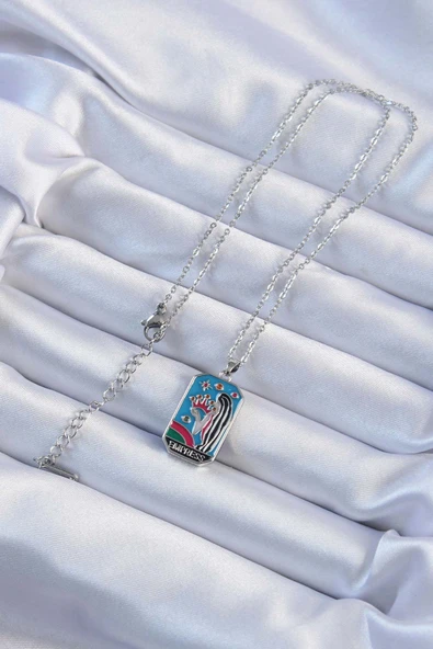 316L Çelik Zincir Gümüş Renk Taç ve Kız Figürlü Renkli Mineli Tarot Kolye - 2