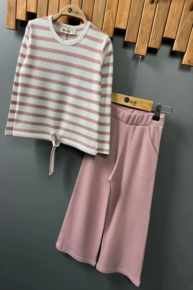 Yeni Sezon Çizgili Boru Paça Kız Çocuk Pembe Renk Takım - 3