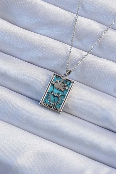 316L Çelik Zincir Gümüş Renk Zirkon Taşlı Mavi Mermer Desenli Taç Model Tarot Kolye ürün görseli