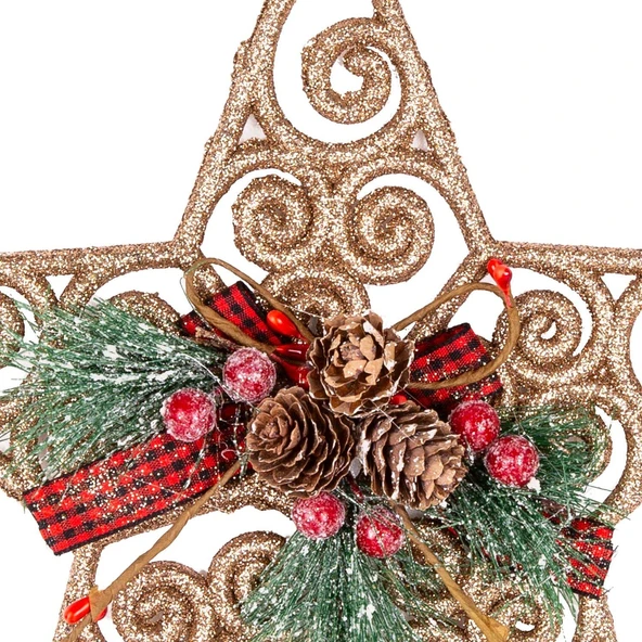 Yılbaşı Ağaç Süsü Yılbaşı Dekorlu Desenli Simli Yıldız Gold 22 cm - Resim 2