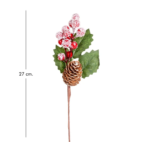 Yılbaşı Çiçek Pike Karlı Berry Kozalaklı Kırmızı-Yeşil 28 cm - Resim 3