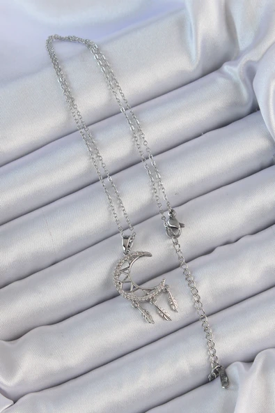 316L Çelik Zincir Gümüş Renk İşlemeli Zirkon Taşlı Ay Kolye - Resim 2
