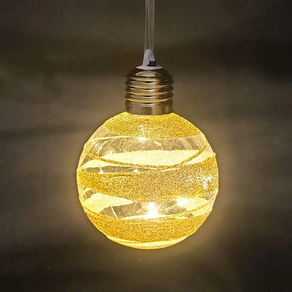Yılbaşı Topu Ampul Led Işıklı Gold Simli Desenli 2 li Paket Şampanya 7 cm ürün görseli