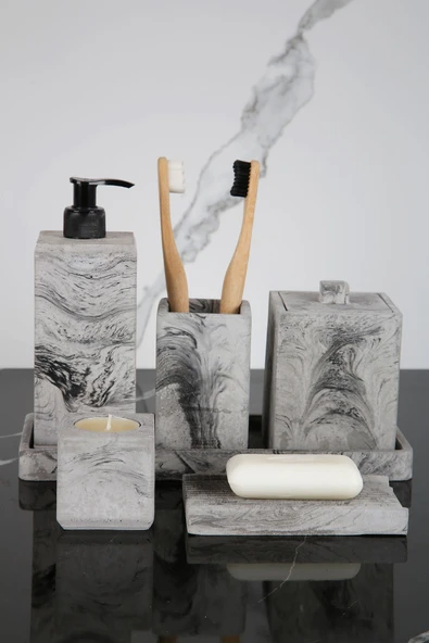 7 Parça Beton Banyo Seti Takımı Katı Sıvı Sabunluk Diş Fırçalık Tütsülük Kokuluk Sunum Tepsisi - Resim 5