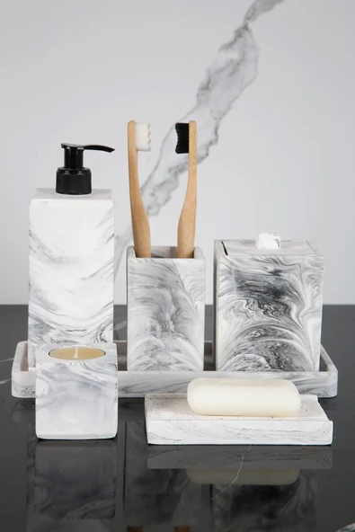 7 Parça Beton Banyo Seti Takımı Katı Sıvı Sabunluk Diş Fırçalık Tütsülük Kokuluk Sunum Tepsisi - Resim 3
