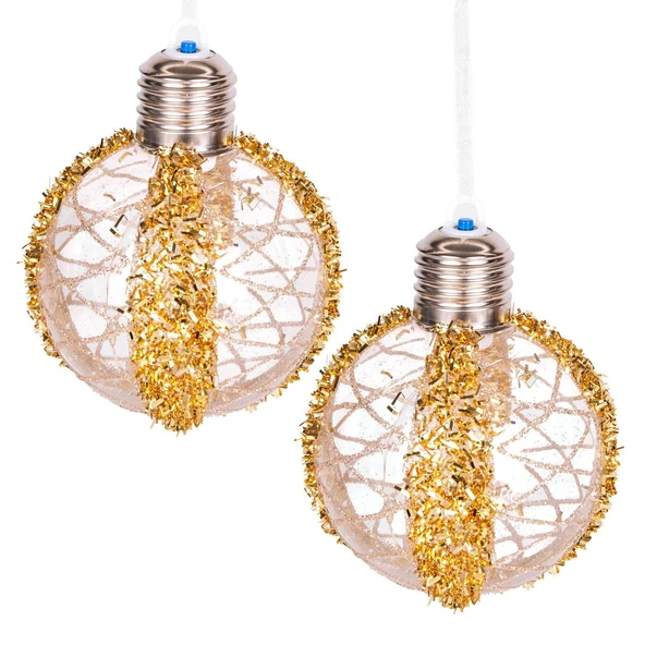 Yılbaşı Topu Ampul Led Işıklı Simli Desenli 2 li Paket Gold 7 cm ürün görseli