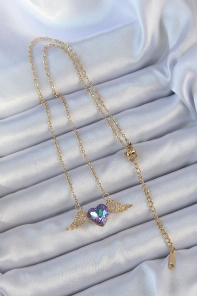 316L Çelik Zincir Altın Renk Mavi Mor Zirkon Taşlı Kanatlı Kalp Kolye - Resim 2