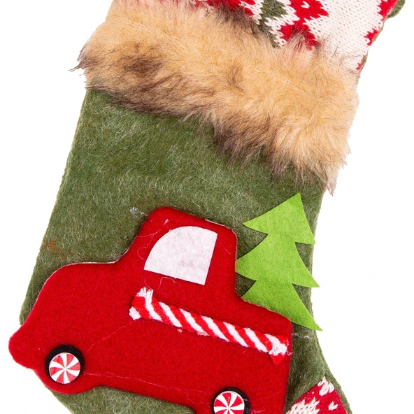 Yılbaşı Ağaç Süsü Çorap Araba Figürlü Yeşil 15x24 cm - Resim 2