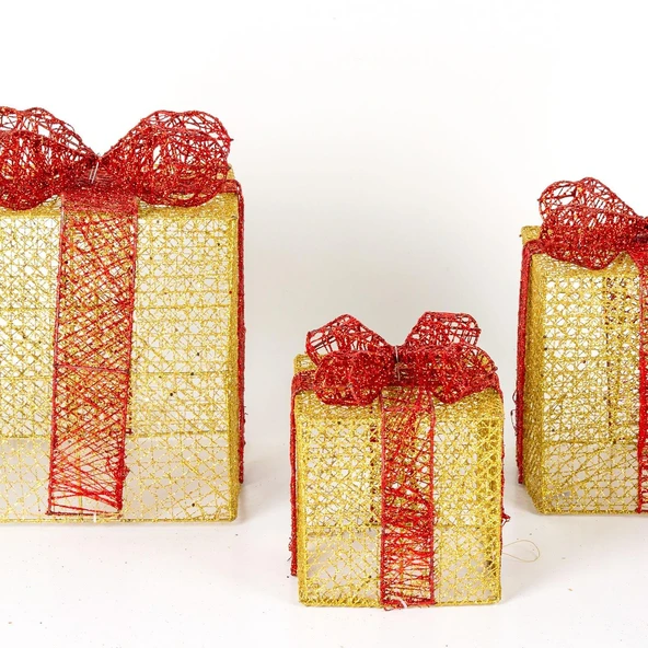Yılbaşı Süsü Kırmızı Fiyonklu Büyük Hediye Paketi 3'Lü Set Dore - Resim 3