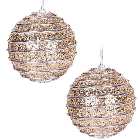 Yılbaşı Topu Pullu Gümüş Şerit İp Desenli 2 li Paket Şampanya 9 cm ürün görseli