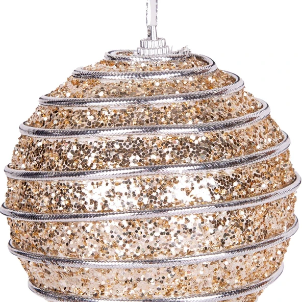 Yılbaşı Topu Pullu Gümüş Şerit İp Desenli 2 li Paket Şampanya 9 cm - Resim 4