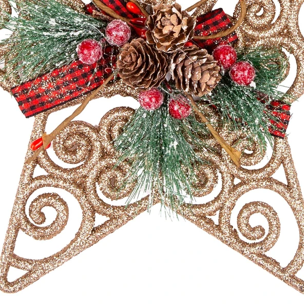 Yılbaşı Ağaç Süsü Yılbaşı Dekorlu Desenli Simli Yıldız Gold 22 cm - Resim 3