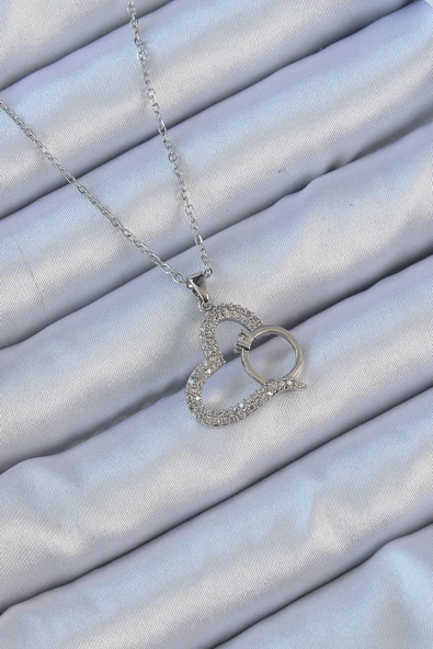316L Çelik Zincir Gümüş Renk Zirkon Taşlı Yüzüklü Kalp Kolye ürün görseli