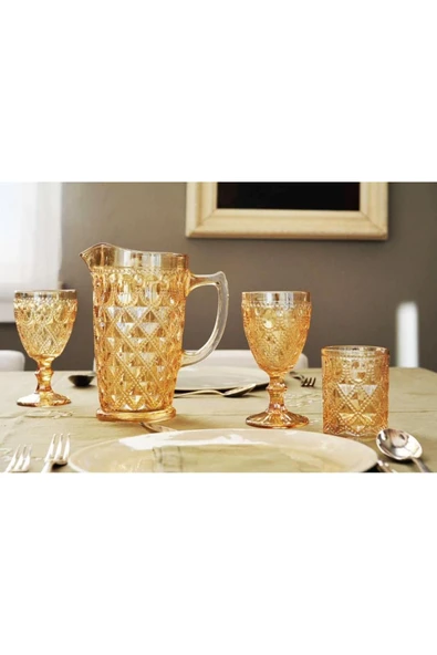 Easy Life Rölyef Süslemeli 4 lü Cam Kadeh Seti Amber - 400 ml - Resim 3