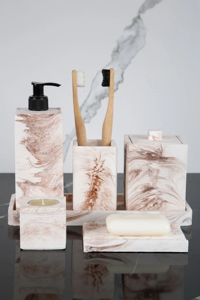 7 Parça Beton Banyo Seti Takımı Katı Sıvı Sabunluk Diş Fırçalık Tütsülük Kokuluk Sunum Tepsisi ürün görseli 1