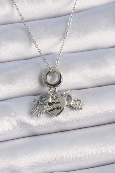 316L Çelik Gümüş Renk Zirkon Taş Detay Çocuk Figür Charm Model Kadın Kolye ürün görseli