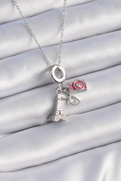 316L Çelik Gümüş Renk Eyfel Kule Fotoğraf Makinesi Model Charm Kadın Kolye ürün görseli