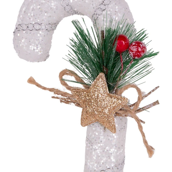 Yılbaşı Süsü Yılbaşı Dekorlu Baston Beyaz 8x17 Cm - Resim 2