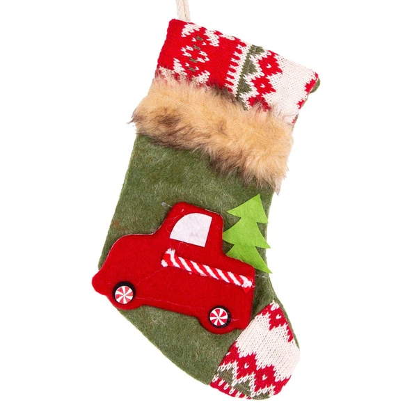 Yılbaşı Ağaç Süsü Çorap Araba Figürlü Yeşil 15x24 cm ürün görseli