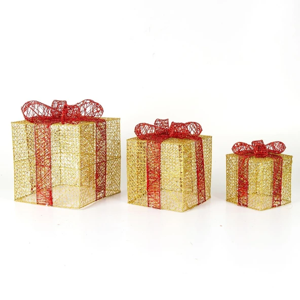 Yılbaşı Süsü Kırmızı Fiyonklu Büyük Hediye Paketi 3'Lü Set Dore - Resim 2