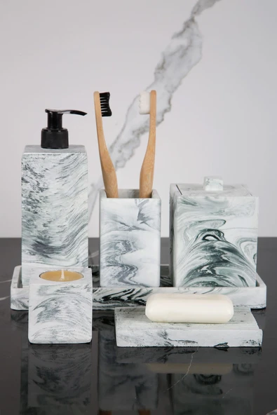 7 Parça Beton Banyo Seti Takımı Katı Sıvı Sabunluk Diş Fırçalık Tütsülük Kokuluk Sunum Tepsisi - Resim 2