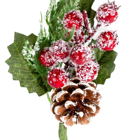 Yılbaşı Çiçeği Pike Berry Kozalaklı Karlı Kırmızı- Yeşil 24 Cm. - Resim 2